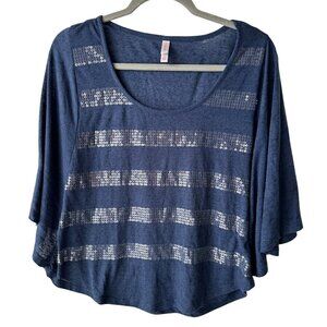 Blue Sequin Striped Blouse Size Medium
